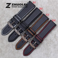 New 18mm 20mm 21mm 22mm 23mm Durable Orange Stitching Carbon Fiber Mens Black Genuine Leather with black clasp Watch Band Strap